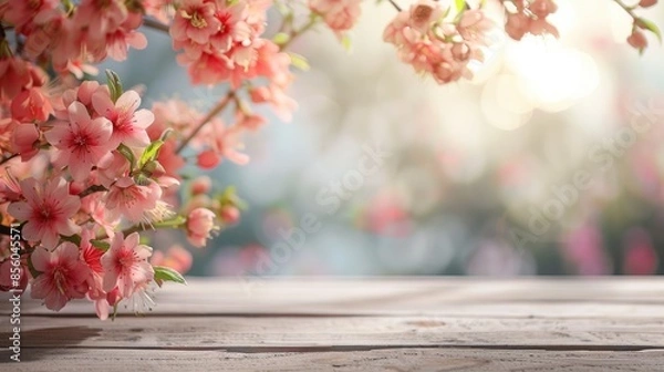 Fototapeta Product placement opportunity with spring flowers and blurred backdrop