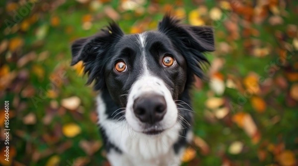 Fototapeta Cute and curious border collie with head tilt, eyes focused on the camera lens