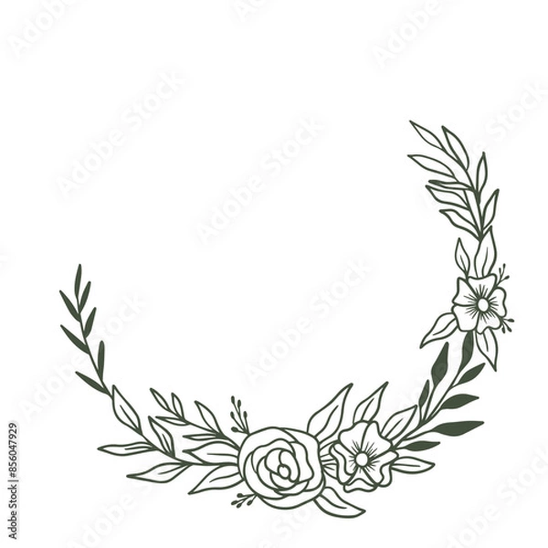 Fototapeta Round floral wreath frame with hand drawn flowers and leaves decoration