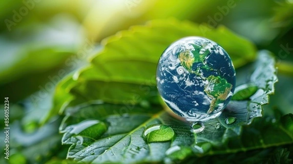 Fototapeta Water drop on a leaf, earth globe concept in soft focus, promoting climate awareness