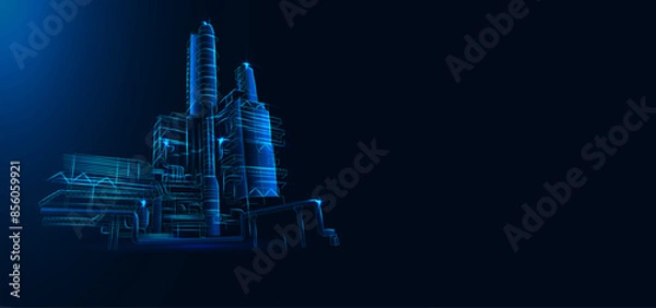 Obraz Gas Processing Plant, blue background. Triangles and particle style design. Polygon vector wireframe concept. Headline