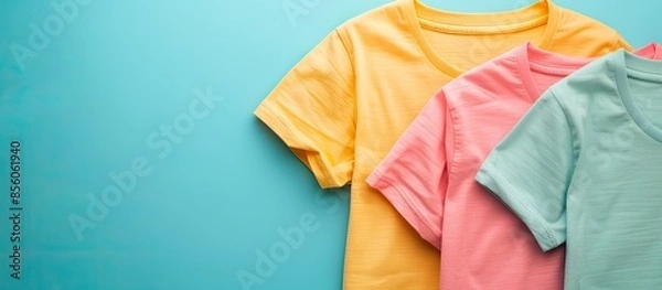 Fototapeta Tshirt for sport, recreation and travel. colored. natural cotton. pastel background. with copy space image. Place for adding text or design