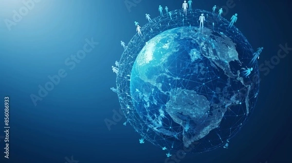 Obraz People surround a blue earth globe. Cooperation and collaboration. Joining forces to solve global problems. Negotiations. Teamwork. Remote work and outsourcing. Communication technology. Education