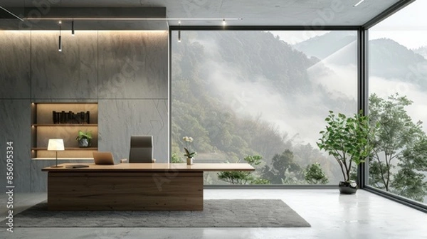 Fototapeta A modern office with a large window overlooking a mountain