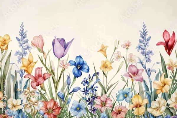 Fototapeta Colorful watercolor illustration of various flowers in full bloom, featuring a mix of vibrant hues and delicate details on a light background.