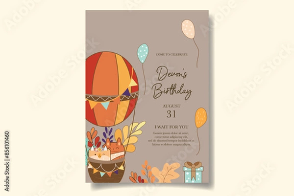 Obraz colorful birthday celebration invitation card with air balloons, cartoon animals and rainbows with a boho feel