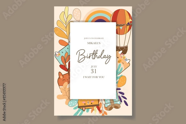 Obraz colorful birthday celebration invitation card with air balloons, cartoon animals and rainbows with a boho feel