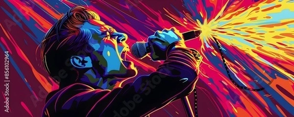 Fototapeta Neon Pop Art Rock Star Musician Performing on Stage with Microphone