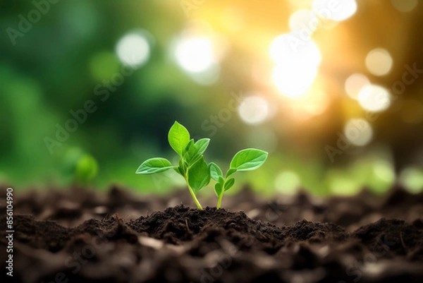 Fototapeta The Sapling are growing from the soil with sunlight, AI generated	