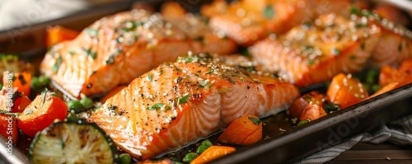 Fototapeta Baked salmon with a maple glaze and roasted vegetables, Salmon Dish, Sweet and savory meal