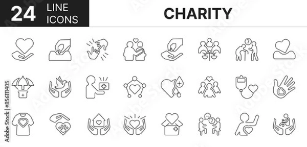 Fototapeta Collection of 24 charity line icons featuring editable strokes. These outline icons depict various modes of charity, help, give, donation, empathy, donate, 