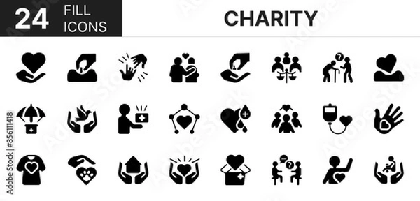 Fototapeta Collection of 24 charity fill icons featuring editable strokes. These outline icons depict various modes of charity, help, give, donation, empathy, donate, 