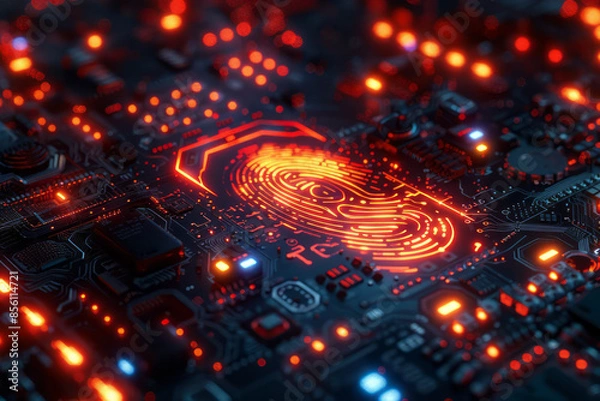 Fototapeta Vibrant biometric fingerprint scan on a retro-style 3D loading screen,