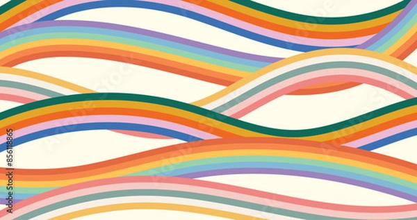 Fototapeta Retro Abstract Rainbow Stripes Background, 60s 70s Style, Groovy Pastel Waves, Psychedelic Design Banner Template