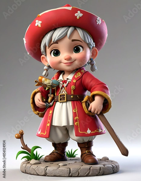 Obraz 3D rendering of a little cartoon pirate girl isolated on gray background