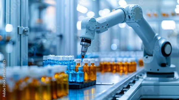 Fototapeta Automated Pharmaceutical Testing Lab. A modern laboratory equipped with automated robotic arms testing new pharmaceuticals, showcasing advanced medical technology and precision.