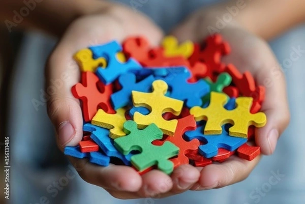 Fototapeta Child hand holding colorful heart on blue background. World autism awareness day concept