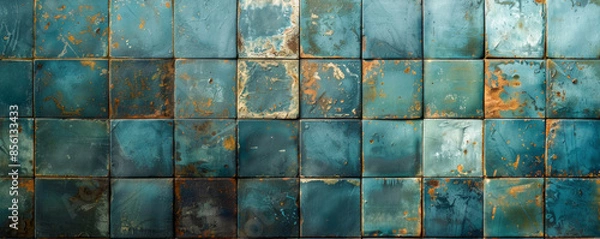 Fototapeta Blue Patina, Rectangular Wall background with tiles.