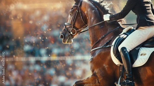 Obraz A rider on a chestnut horse leaps over an obstacle in a competition, with the crowd blurred in the background.