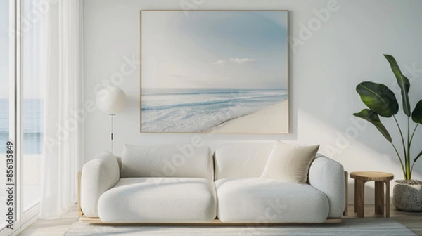 Fototapeta A white couch with a throw pillow sits in a modern living room with a large window overlooking the ocean. A framed beach scene hangs on the wall
