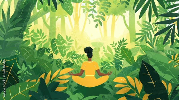 Fototapeta A woman sits in a meditative pose in a lush forest, surrounded by vibrant green foliage. The sun shines through the trees, illuminating the scene