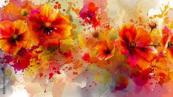 Obraz Watercolor painting of colorful flowers with splashes of paint on it.