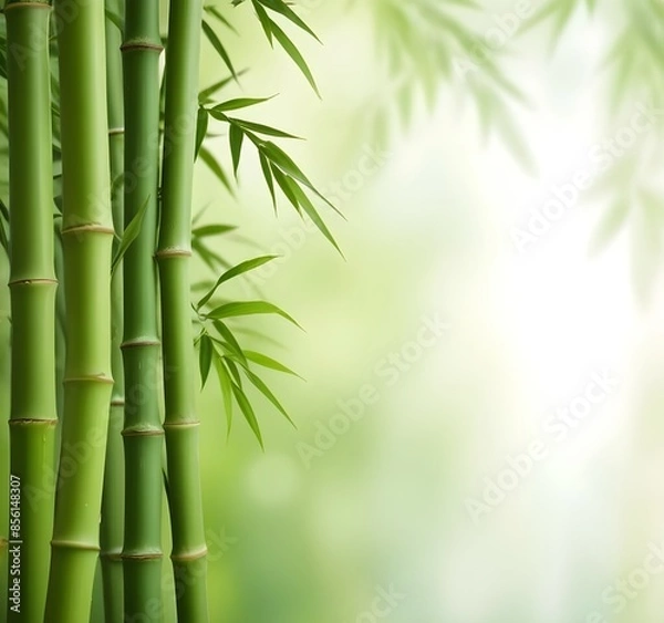 Obraz Green bamboo stalks with fresh leaves against a blurred green background with copy space