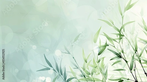 Fototapeta Elegant bamboo leaves against a soft, light green background with bokeh effects, creating a serene and fresh atmosphere