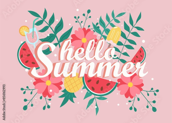Obraz hello summer bunner, lettiring, flat  vector illuestration