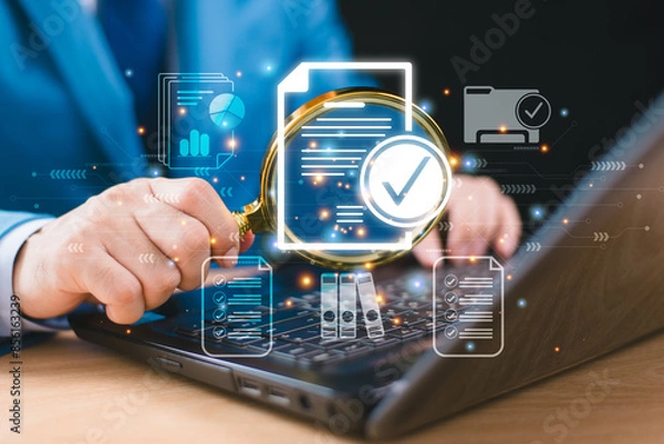 Obraz Document management service concept. Inspect check system, online document database approve, process manage file. Businessman hold magnifying glass. Audit compliance corporate business technology