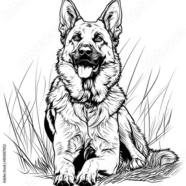 Obraz Playful German Shepherd Fetching Ball in Seaside Vector Line Art - Black and White Illustration for Coloring Book Pages