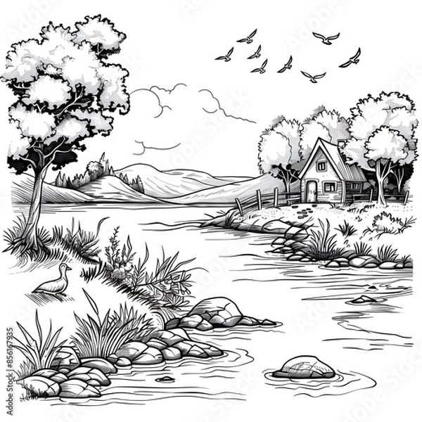 Obraz Playful Maltese Hide and Seek on Riverbanks - Detailed Line Art Vector Illustration for Coloring Book Pages