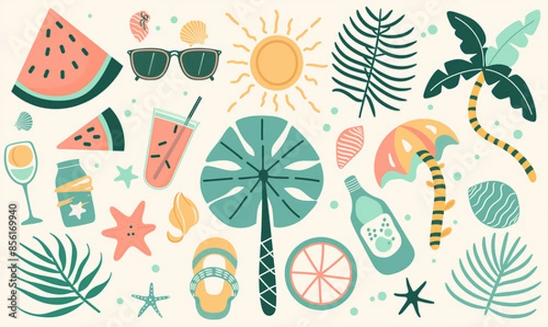 Fototapeta Flat vector illustration of summer beach icons, in a flat design style with simple shapes and bright colors