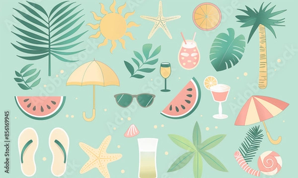 Fototapeta Flat vector illustration of summer beach icons, in a flat design style with simple shapes and bright colors