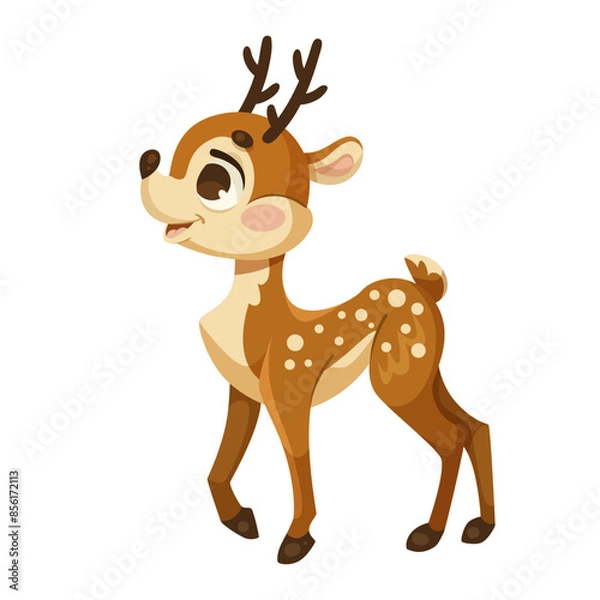 Obraz Cute cartoon deer standing on a white background. Vector illustration