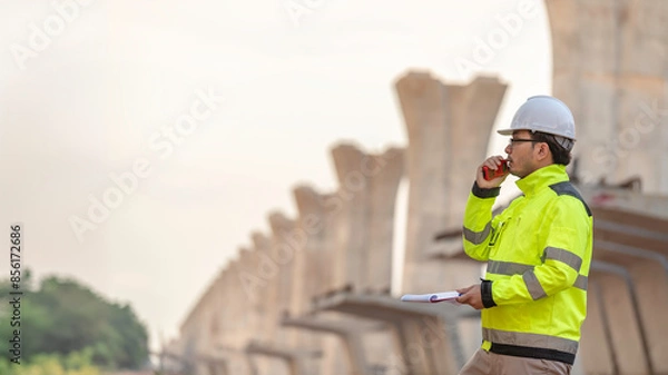 Fototapeta An Asian male engineer works at a motorway bridge construction site,Civil worker inspecting work on crossing construction,Supervisor working at high-speed railway construction site