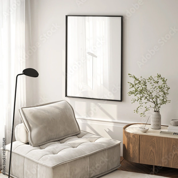 Fototapeta Frame mockup, ISO A paper size. Living room wall poster mockup. Interior mockup with house background. Modern interior design. 3D render
