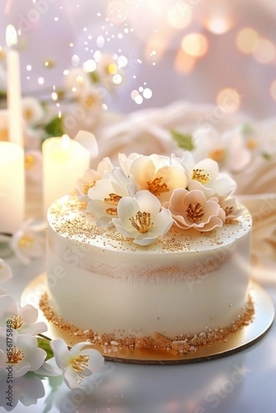 Fototapeta Elegant white cake adorned with delicate floral decorations and subtle gold accents
