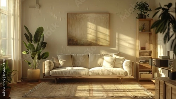 Fototapeta A cozy and inviting living room with minimalistic furniture, highlighted by a comfortable sofa and an open, airy layout perfect for copy space.