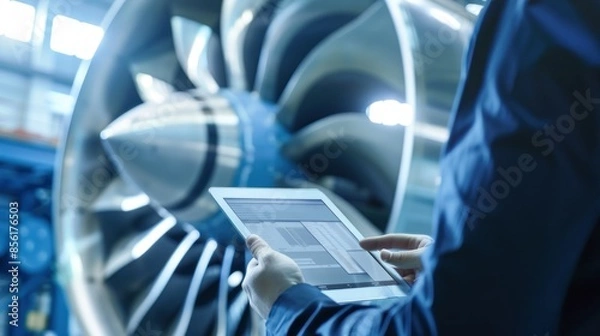 Fototapeta Tablet with data in front of jet engine