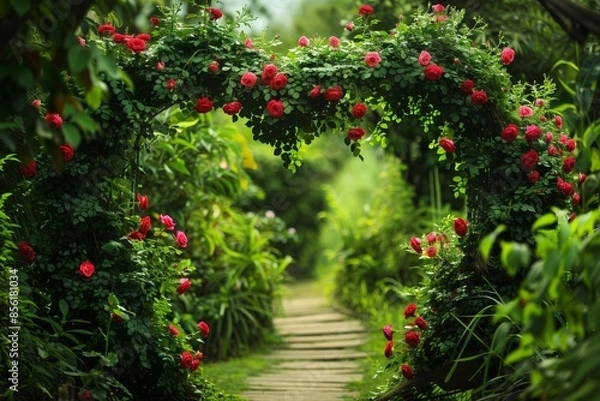 Fototapeta A beautiful garden with an archway of red roses, lush greenery and a winding wooden path.