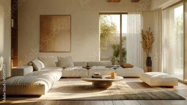 Fototapeta A peaceful living room with minimalistic decor, featuring a cozy sofa and a coffee table. The room is bathed in natural light, creating a serene and inviting atmosphere with ample copy space.