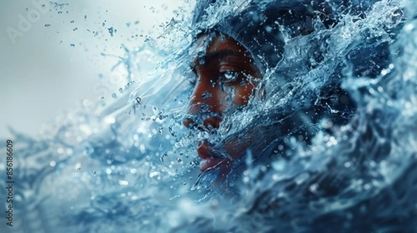 Fototapeta A dynamic character morphing visualization depicts a human figure transforming into a flowing stream of water. The smooth, continuous transformation emphasizes the creativity and complexity of