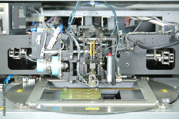 Fototapeta machine making motherboard close up. electronic system manufacturing. computer mother board chip hardware. production process of electronic hardware. circuit board close up circuit board manufacturing