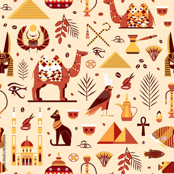 Fototapeta Egypt Travel Pattern with Camels and Pyramids
