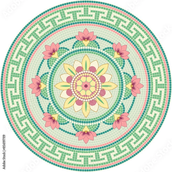 Fototapeta Mosaic circular ornament based on lotus theme in pink and green colors in a roman style. For ceramics, tiles, ornaments, backgrounds and other projects.