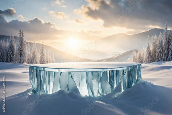 Fototapeta Ice background podium cold winter snow product platform floor frozen mountain iceberg. Podium glacier cool ice background stage landscape display icy stand 3d water nature pedestal arctic concept cave