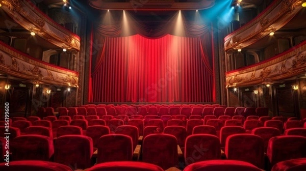 Fototapeta A photo of an empty theater with red velvet seats facing a closed, red velvet curtain. The stage is lit with spotlights.