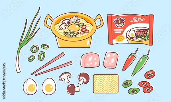 Fototapeta Cooked instant ramen in a golden pot. Vector illustration of Asian noodles and additional ingredients, such as eggs, mushrooms, scallions, chili and ham. Quick and tasty dinner in colorful flat style.