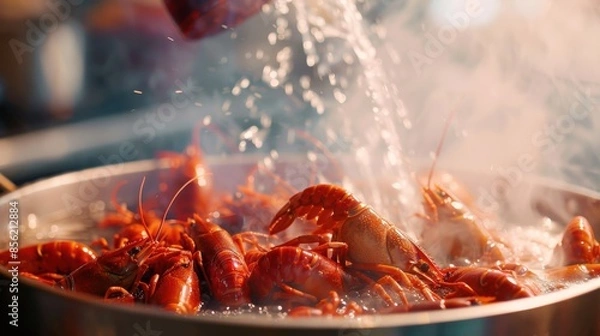 Fototapeta Pot of boiling water with multiple crayfish, also known as crawfish or lobsters, being cooked